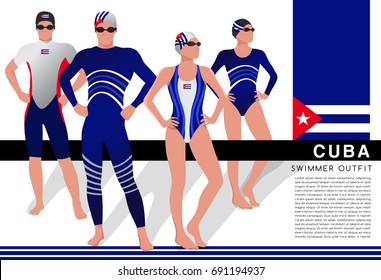 Cuba : Male and Female Swimmers : Swimmers in National Swimsuits : Vector Illustration