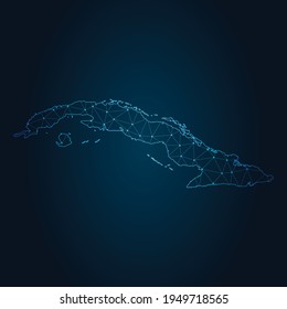 Cuba Karte Abstrakte Maislinie und Punktwaage auf dunklem Hintergrund. Draht-Rahmen 3D-Maschenpolygonale Netzlinie.