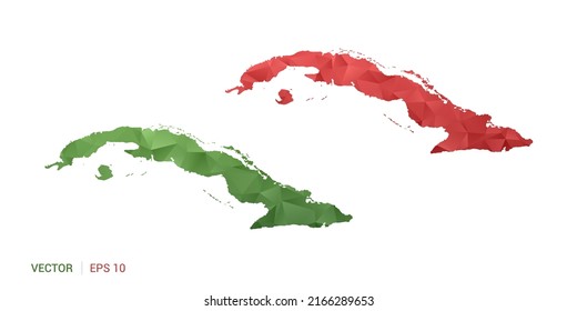 Cuba map of abstract vector polygon set couple color green and red.