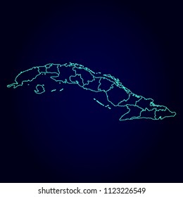 Cuba map: blue glitter outline with sparkling stars on dark background. Detailed map of Cuba. Vector illustration.