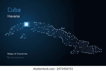 Cuba Map with a capital of Havana Shown in a Microchip Pattern with processor. E-government. World Countries vector maps. Microchip Series	