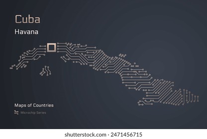 Cuba Map with a capital of Havana Shown in a Microchip Pattern with processor. E-government. World Countries vector maps. Microchip Series	