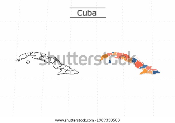 Cuba map city vector\
divided by colorful outline simplicity style. Have 2 versions,\
black thin line version and colorful version. Both map were on the\
white background.