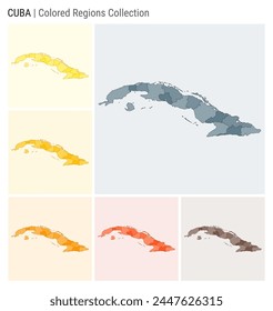 Cuba map collection. Country shape with colored regions. Blue Grey, Yellow, Amber, Orange, Deep Orange, Brown color palettes. Border of Cuba with provinces for your infographic. Vector illustration.