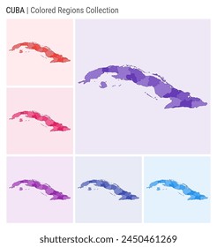 Cuba map collection. Country shape with colored regions. Deep purple, red, pink, purple, indigo, blue color palettes. Border of Cuba with provinces for your infographic. Vector illustration.