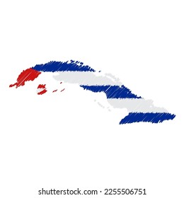 Cuba map color hand drawn sketch. Vector concept illustration flag, scribble map. Country map for infographic, brochures and presentations isolated on white background. Vector illustration.