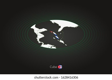 Cuba map in dark color, oval map with neighboring countries. Vector map and flag of Cuba
