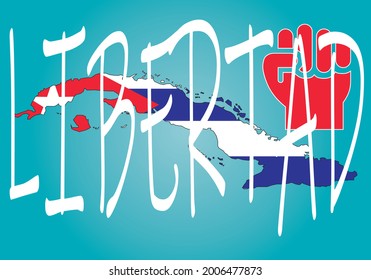 Cuba map and fist in fight signal in black on white background