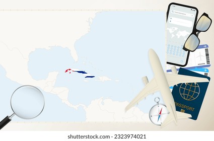 Cuba map and flag, cargo plane on the detailed map of Cuba with flag, passport, magnifying glass and airplane. Vector template.