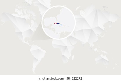 Cuba map with flag in contour on white polygonal World Map. Vector Illustration.