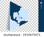 Cuba map and flag on transparent background. Highlighted Cuba on blue vector map.