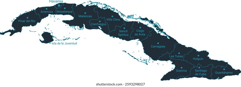 Cuba map high detailed with administrative divide by state, capital cities names, outline simplicity style. Vector illustration EPS10.