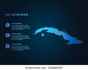 Cuba map, infographic style , on dark background with Map World. Wire frame 3D mesh , map 3D,