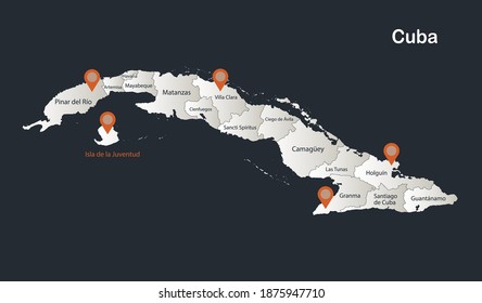 Cuba map, Infographics flat design colors snow white, with names of individual regions vector