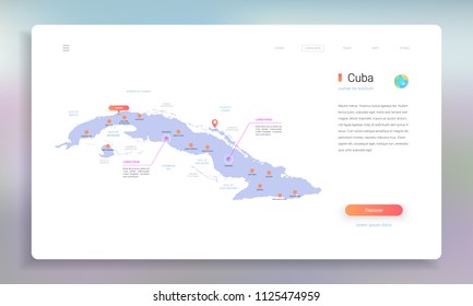Cuba map infographics vector template with cities, capital Havana and pointer marks.