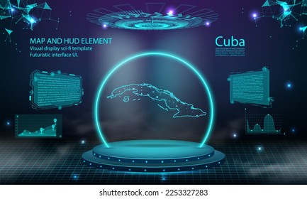 cuba map light connecting effect background. abstract digital technology UI, GUI, futuristic HUD Virtual Interface with cuba map. Stage futuristic podium in fog.