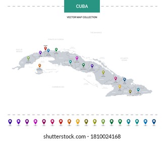 Cuba map with location pointer marks. Infographic vector template, isolated on white background. 