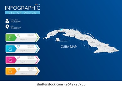 Cuba map with location pointer marks. High detailed country map with division, cities and capital infographic template. Vector illustration EPS10