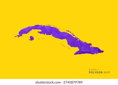 Cuba Map - Low poly polygon map in vibrant purple gradient on bold yellow background, modern minimal geometric style, clean digital vector illustration.