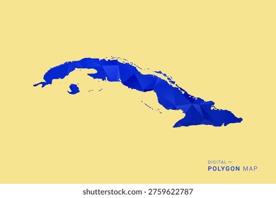 Cuba Map - Low poly polygon map in deep blue gradient on soft beige background, modern minimal geometric design, clean abstract vector illustration with faceted triangulated style.
