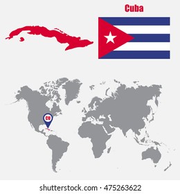 Cuba map on a world map with flag and map pointer. Vector illustration