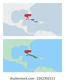 Cuba map with pin of country capital. Two types of Cuba map with neighboring countries. Vector template.