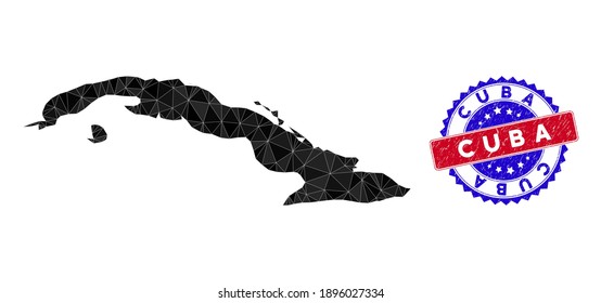 Cuba map polygonal mesh with filled triangles, and rubber bicolor seal. Triangle mosaic Cuba map with mesh vector model, triangles have randomized sizes, and positions, and color tones.