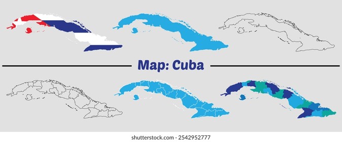 Cuba map with provinces and capital cities outline vector, colorful, region flag shape country map