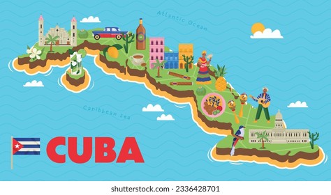 Cuba map with its symbols flat poster on blue caribbean sea and atlantic ocean background vector illustration