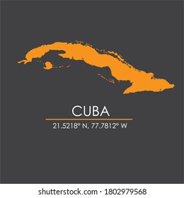 Cuba map vector with coordinate isolated in dark gray background