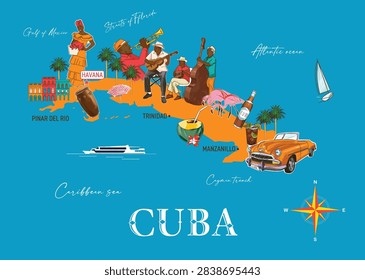 Cuba map vector illustration, flat design. Country navigator branding technology concept, layout. Carribean culture travel set architectures and specialties detailed silhouette. Latin famous landmark.
