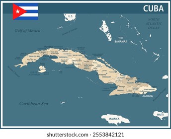 Cuba Map Vector Vintage Dark Blue Beige - Customizable layered political map of Cuba with administrative divisions for website, education, reports, news, politics, print, poster and wallpaper