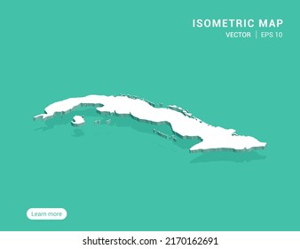 Cuba map white on green background with 3d isometric vector illustration.