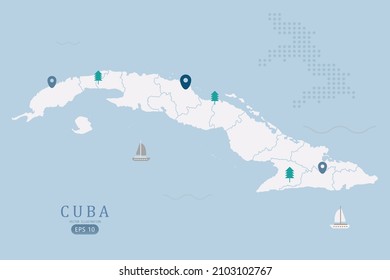 Cuba Map - World Map International vector template High detailed with white color isolated on blue background including simple point of location, tree, boat icon - Vector illustration eps 10