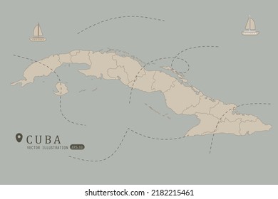 Mapa de Cuba - Mapa mundial Mapa internacional de vectores Alto detalle con color marrón aislado en fondo gris incluyendo punto de ubicación simple, viento, icono de barco - Ilustración vectorial eps 10