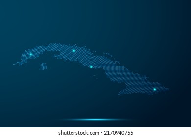 Cuba Map - World Map vector template with dots, grid, grunge, halftone style and light, network line, design sphere on blue technology background -  Vector illustration eps 10
