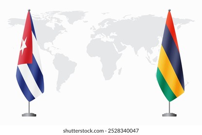 Banderas de Cuba y Mauricio para reunión oficial con antecedentes del mapa mundial.