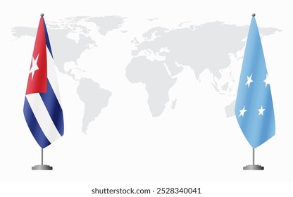 Banderas de Cuba y Micronesia para reunión oficial con antecedentes del mapa mundial.