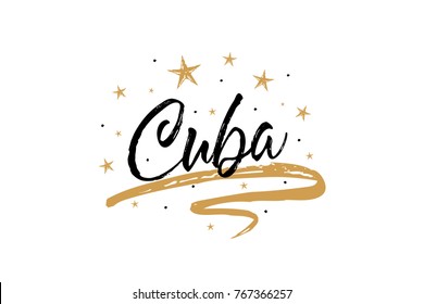 Cuba. Name country word text card, banner script. Beautiful typography inscription greeting calligraphy poster black, gold ribbon, star. Handwritten design modern brush lettering isolated vector