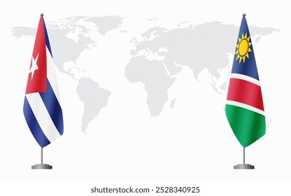 Banderas de Cuba y Namibia para reunión oficial con antecedentes del mapa mundial.