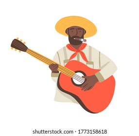 Artista cubano de piel oscura, músico con barba negra y guitarra. Guitarrista vintage con puro cubano toca música tradicional en ilustración vectorial de dibujos planos aislados en fondo blanco