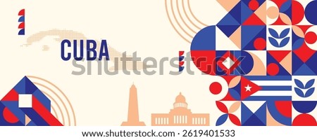Cuba national vector banner featuring the flag, dotted map, landmarks, and geometric pattern design