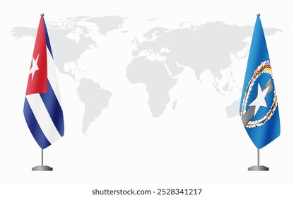 Cuba and Northern Mariana Islands flags for official meeting against background of world map.