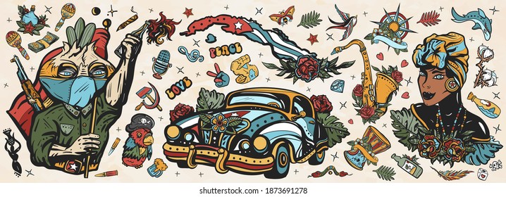 Cuba old school tattoo vector collection. Havana retro cars. Revolutionary communist, map, beautiful cuban woman, cigar, rum. History and culture, island of freedom. Traditional tattooing style 