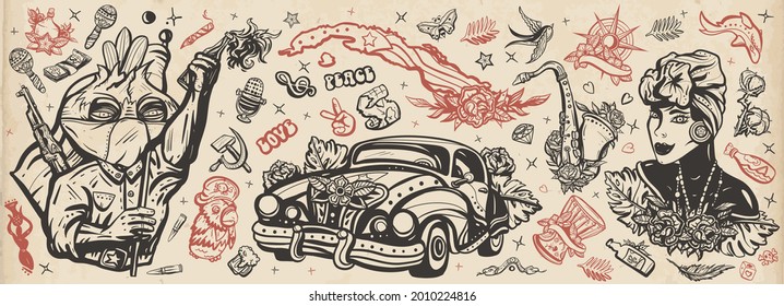 Cuba old school tattoo vector collection. Havana retro cars. Revolutionary communist, map, cuban woman, cigar, rum. Traditional tattooing style. History and culture. Island of freedom concept 