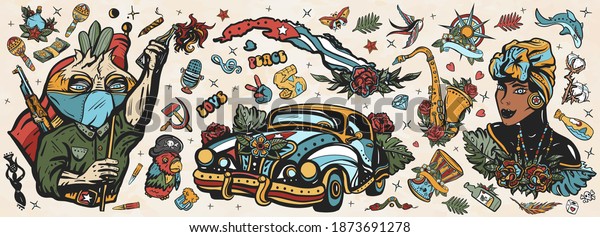 Cuba old school tattoo vector collection. Havana retro\
cars. Revolutionary communist, map, beautiful cuban woman, cigar,\
rum. History and culture, island of freedom. Traditional tattooing\
style 