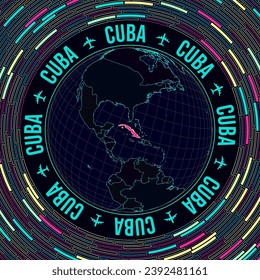 Cuba on globe. Satellite view of the world centered on Cuba. Bright neon style. Futuristic radial bricks background. Cool vector illustration.