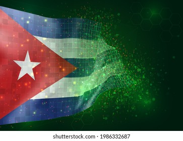 Cuba, on vector 3d flag on green background with polygons and data numbers