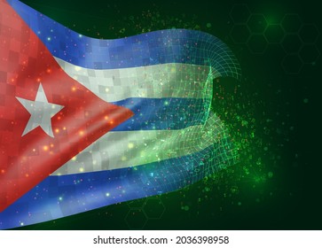 Cuba, on vector 3d flag on green background with polygons and data numbers