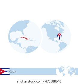 Cuba on world globe with flag and regional map of Cuba. Vector Illustration.